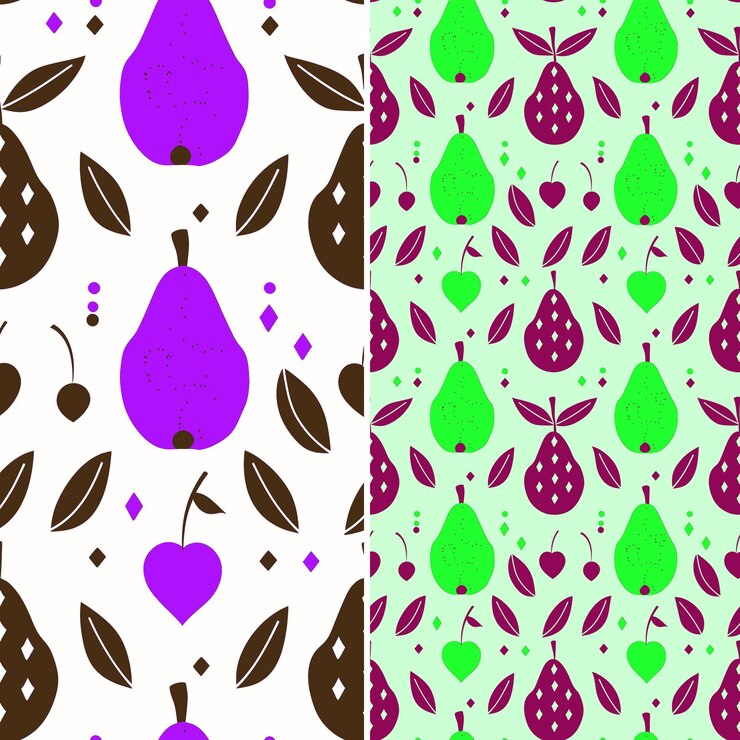 PSD m9 pera con silueta de gota y diseño moderno con pat de argyle vector de patrón de fruta tropical único