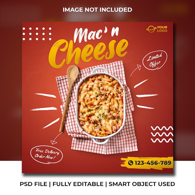 Mac and cheese fast food mídia social vermelho instagram post banner template