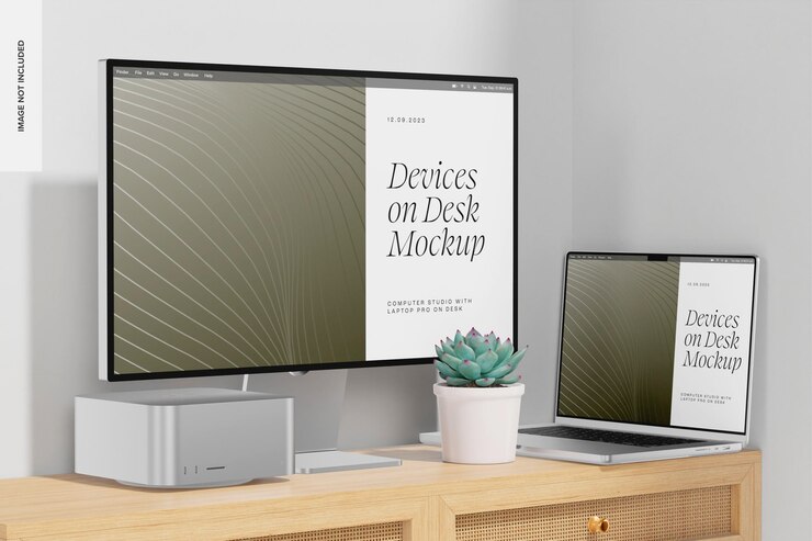 PSD mac studio con macbook pro en maqueta de escritorio, perspectiva
