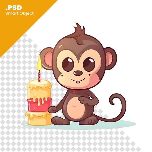 Macaco bonito dos desenhos animados com ilustração vetorial de bolo de aniversário isolado no modelo psd de fundo branco