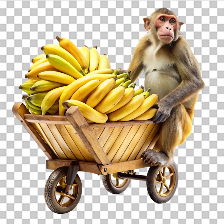PSD macaco montando um carrinho com bananas isoladas em fundo transparente