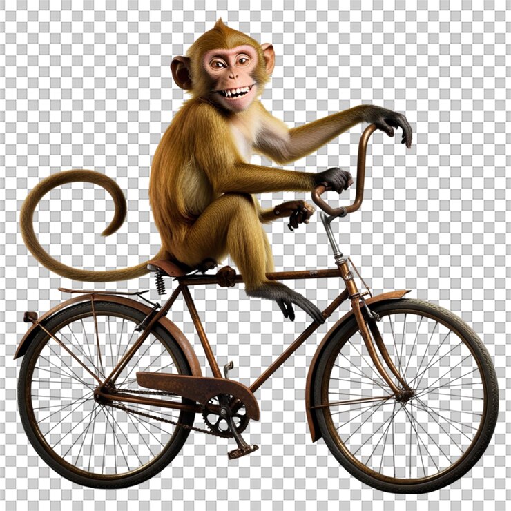 PSD macaco montando um desenho de desenho animado de bicicleta isolado em um fundo transparente