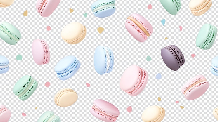 PSD macarões coloridos caindo doces pastelaria delícia sobremesa francesa