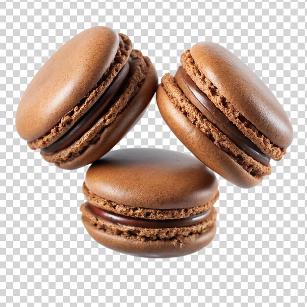 Macarones de glaseado de chocolate levitando aislados sobre un fondo transparente