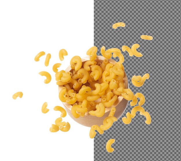 PSD macaroni caindo em uma tigela de madeira macaroni amarelo pasta flutuar explodir nuvem abstrata voar macaroni curvo pasta salpico jogando no ar fundo branco movimento de congelamento de obturador de alta velocidade isolado