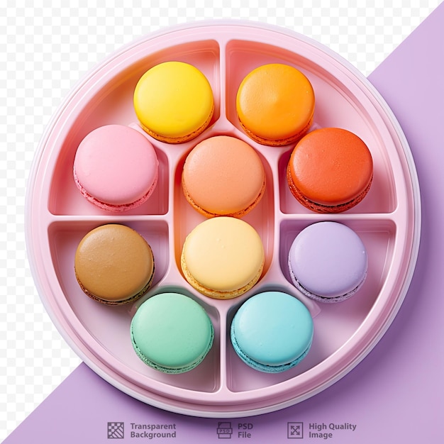 PSD macarons variados exibidos em uma bandeja preta