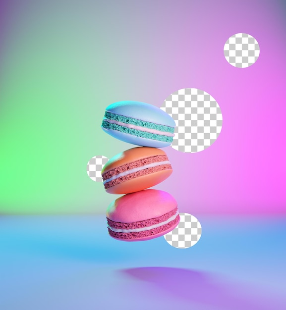 Macaroons voadores 3d render macaroons coloridos levitando no ar banner de padaria de biscoitos deliciosos