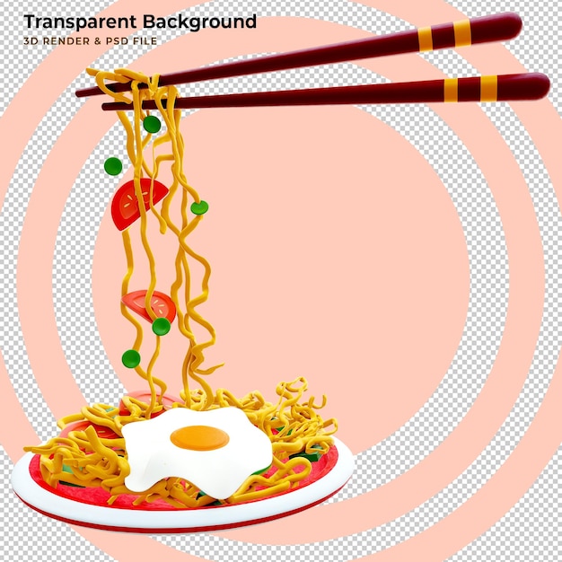 Macarrão chinês ou macarrão instantâneo japonês picado com pauzinhos forma torção de tigela branca ou forma de redemoinho ilustração 3d