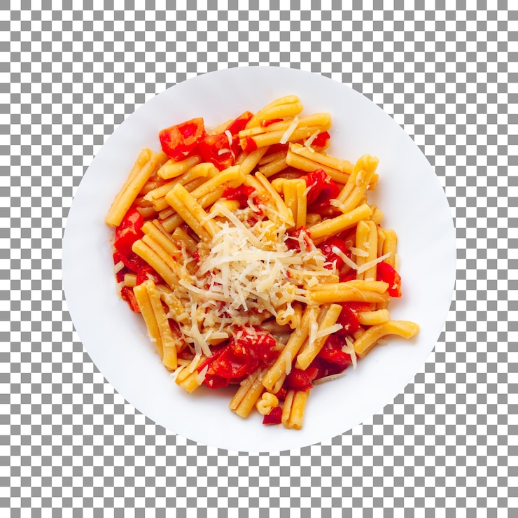 PSD macarrão com tomate e queijo parmesão em fundo transparente