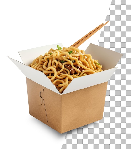 Macarrão de comida asiática em caixa com fundo transparente