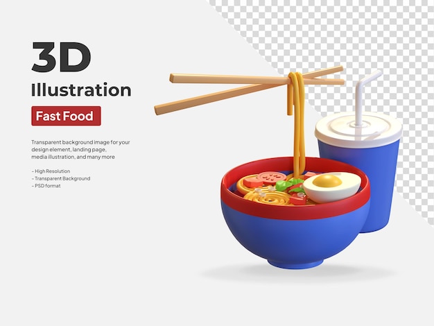 Macarrão de sopa e menu de fast food de refrigerantes ícone de ilustração 3d