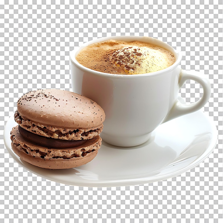 PSD macarrón aislado y taza blanca de café sobre un fondo transparente ai generado