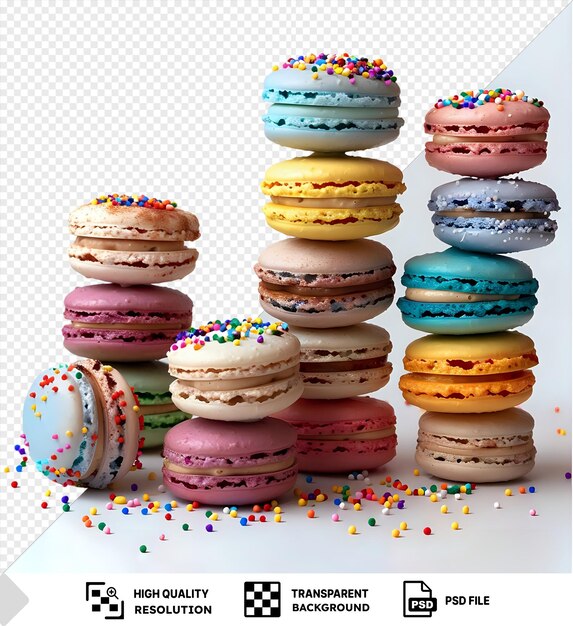 de macarrones apilados de colores transparentes con salpicaduras aisladas sobre un fondo transparente