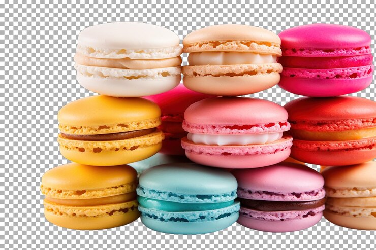 PSD macarrones coloridos apilados artísticamente sobre un fondo blanco que muestran una variedad de sabores y texturas en un fondo transparente png de superficie blanca o clara