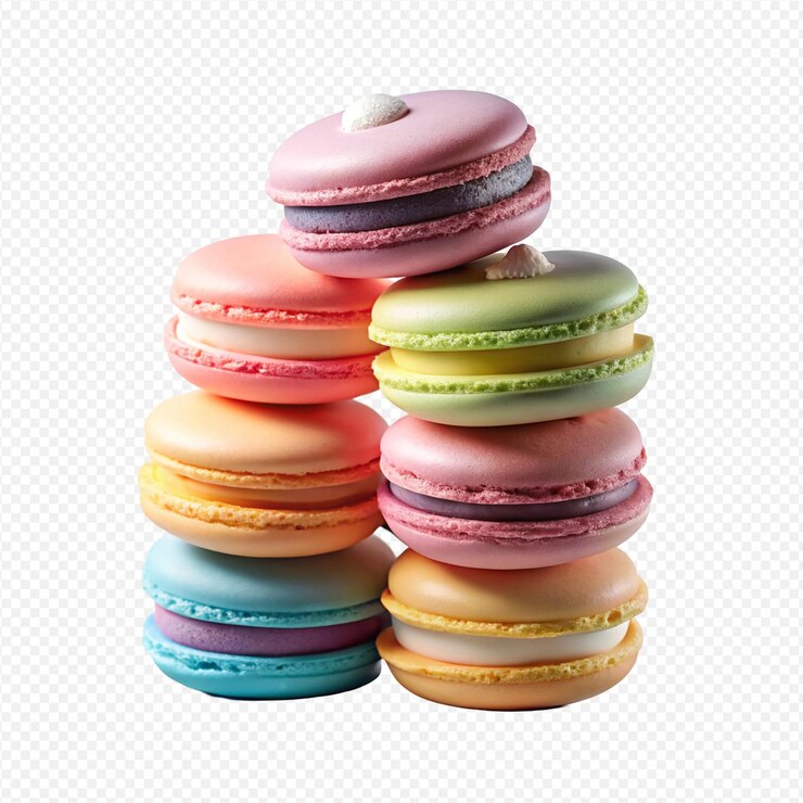 PSD macarrones coloridos apilados postres colores pastel pastelería francesa galletas delicadas merengue de almendras