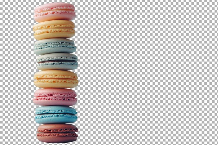 PSD macarrones coloridos apilados verticalmente en un arreglo simple sobre un fondo blanco