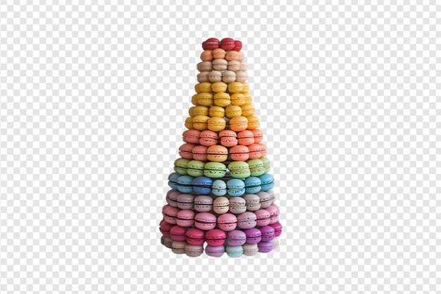 Macarrones coloridos dispuestos en forma de pirámide aislados sobre un fondo transparente