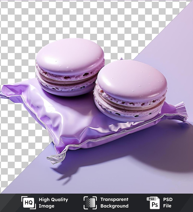 PSD macarrones de lavanda delicados de alta calidad y transparentes sobre un fondo transparente acompañados de un pastel blanco y una sombra púrpura