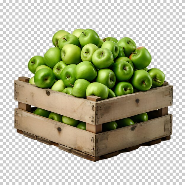 PSD maçãs verdes em caixa de madeira isoladas em fundo transparente