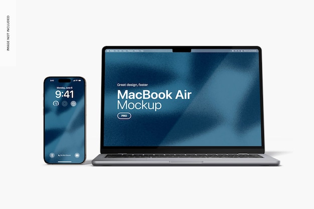 Macbook air e iphone 15 pro mockup visão frontal