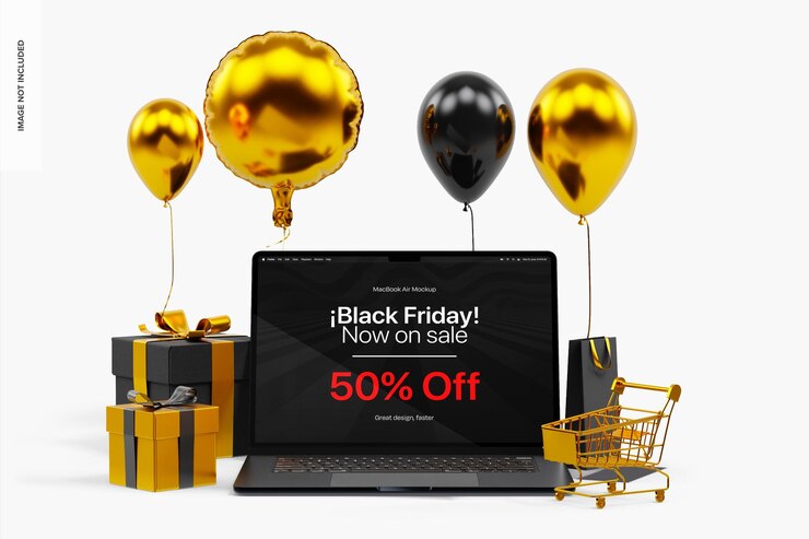 PSD macbook air-mockup für die black friday-feier frontview