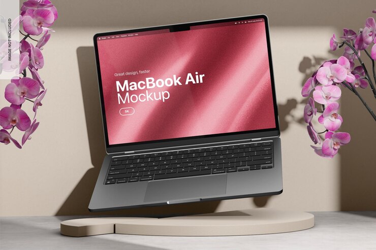 PSD macbook en el estudio abstracto mockup cayendo