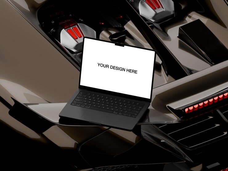 PSD macbook laptop mockup in un ambiente di ufficio moderno