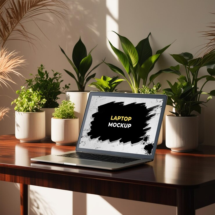 PSD macbook pro de plata mostrado centralmente en un escritorio de madera con diferentes formas y tamaños