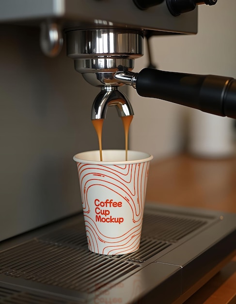 Machine à expresso versant du café dans une tasse de marque Mockup Coffee Shop Beverage Cafe