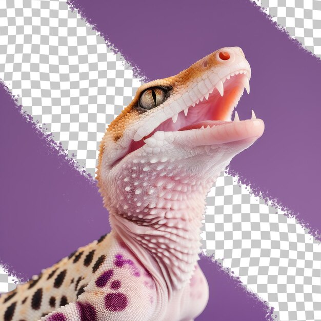 PSD mack snow eclipse leopard gecko perfil de disparo en la cabeza y lengua afuera sobre un fondo transparente