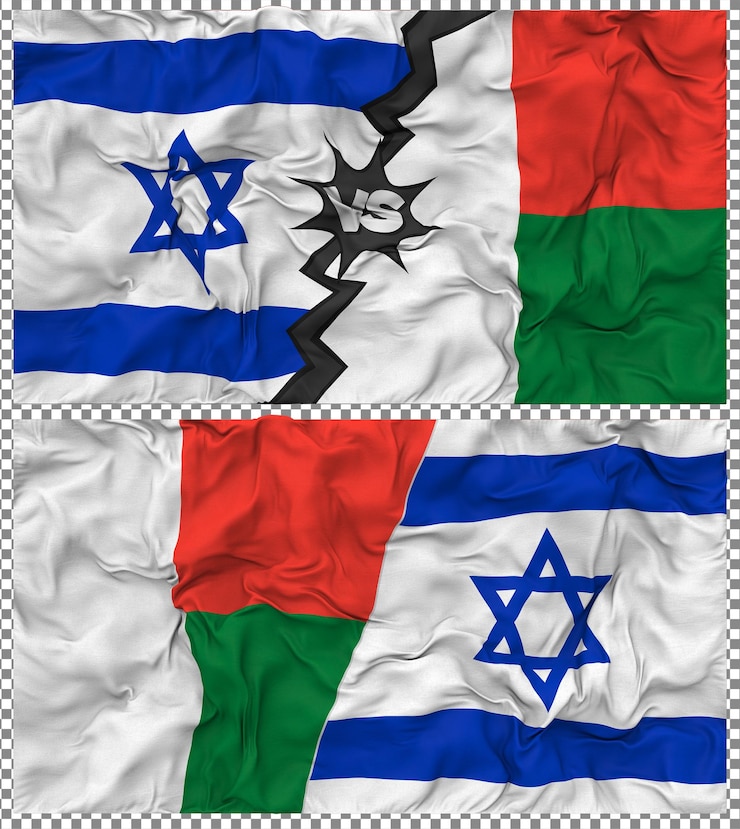 PSD madagascar contra israel media bandera combinada con textura 3d de la tela de la bandera