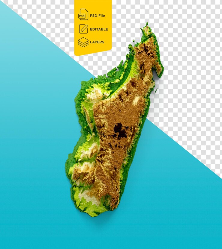 PSD madagascar map shaded relief color height map on sea blue background 3d illustration