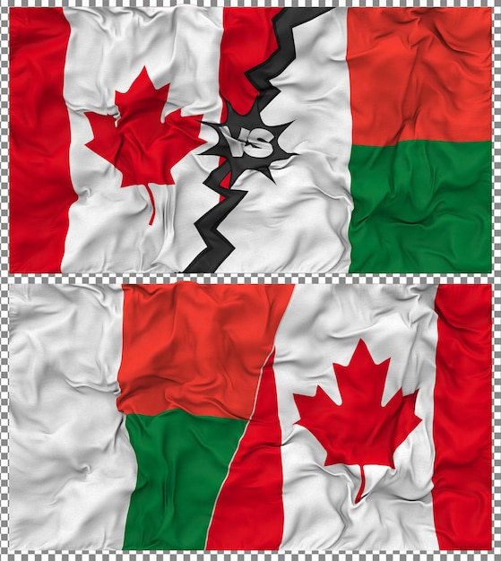 Madagaskar gegen Kanada Halbkombinierte Flagge Stoff-Bump-Textur 3D-Rendering
