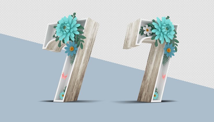 PSD madera número 7 con decoración de flores coloridas, render 3d
