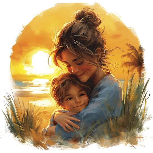 PSD una madre abrazando a su hijo durante un hermoso sol imágenes aisladas fondo blanco