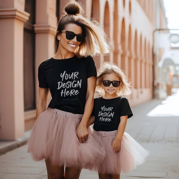 Madre e hija vistiendo una maqueta de camiseta negra