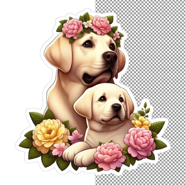 PSD madre e hijo de perro de enlace floral en pegatina de flores