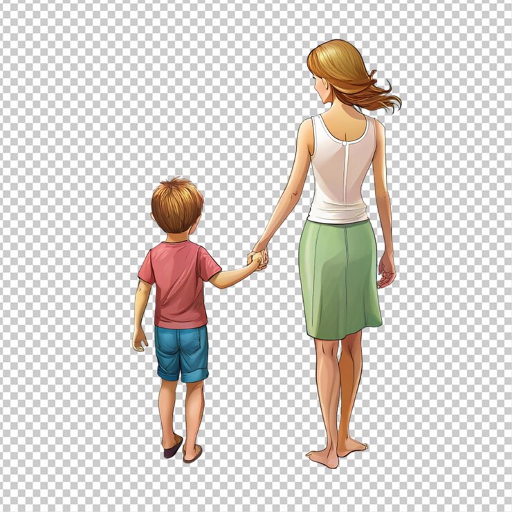 PSD madre e hijo tomados de la mano en la playa dibujos animados png