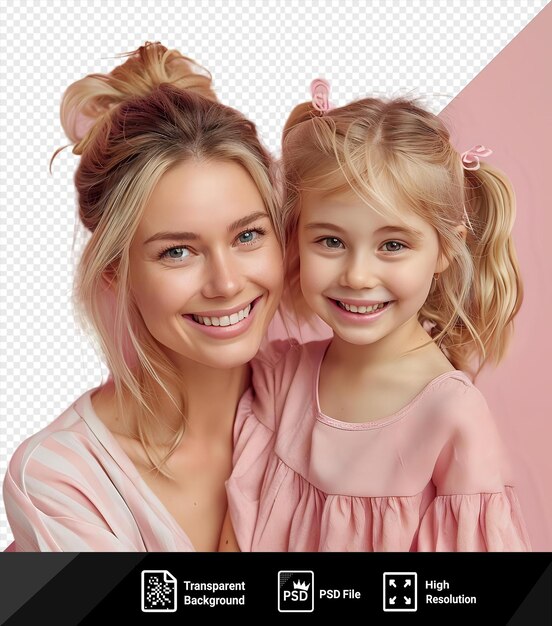 Madre feliz y una chica rubia linda juntos frente a una pared rosa png