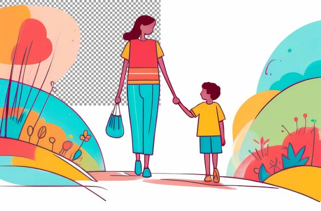 Una madre y un niño caminando uno al lado del otro tomándose de la mano La ilustración está aislada