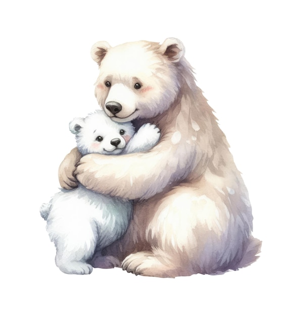 PSD madre de oso polar y bebé en un abrazo ilustración en acuarela