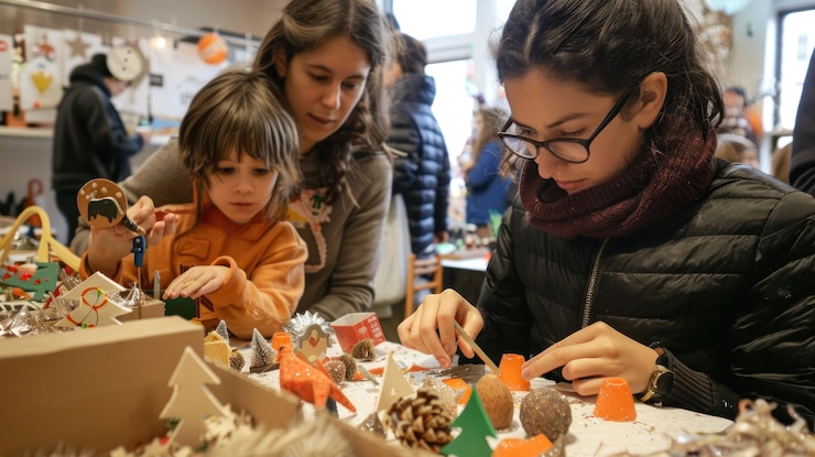 PSD una madre y su hijo están haciendo artesanías navideñas en un taller con otros niños