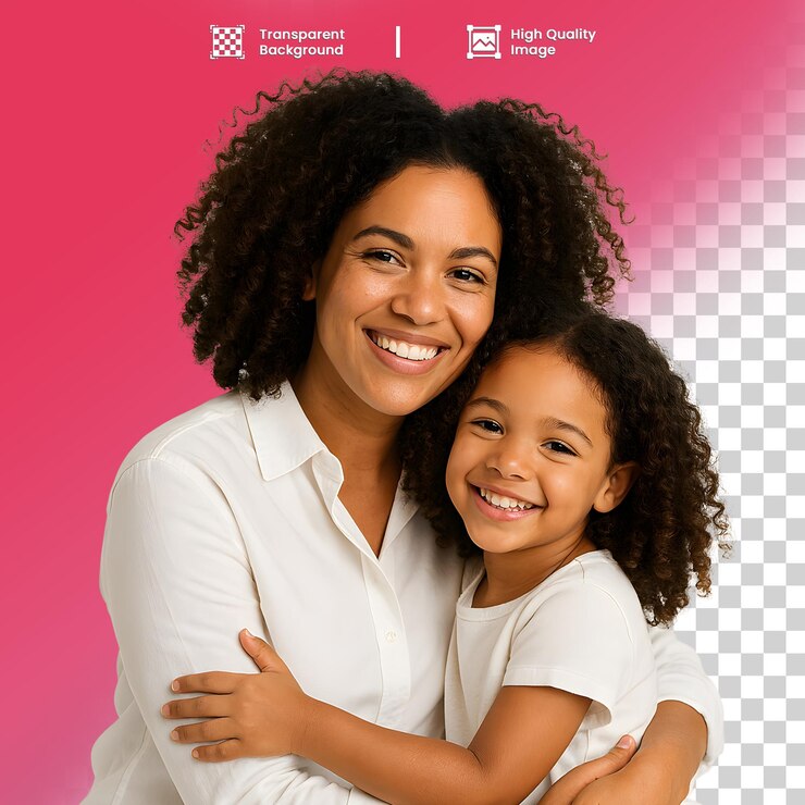 PSD mãe e filha abraçadas com amor, sorrindo alegremente