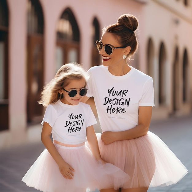 PSD mãe e filha sorridentes em camisetas brancas combinando