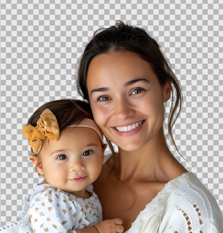 Mãe jovem segurando sua filha bebê em fundo transparente