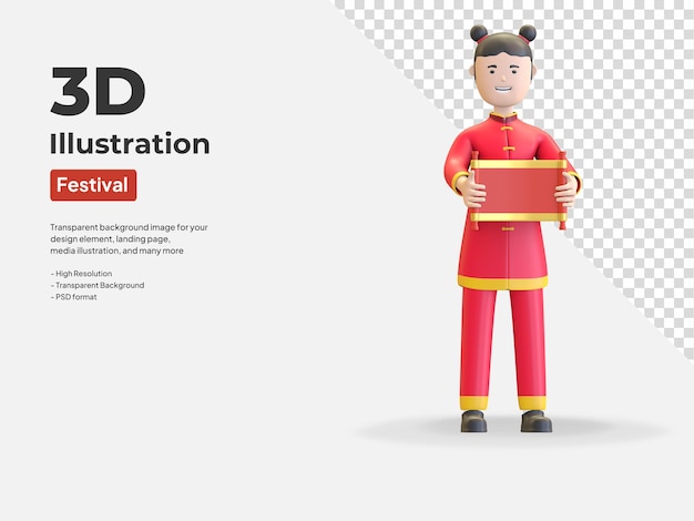 Mädchen, das handschriftrollepapier hält, das chinesisches neujahrsfest feiert 3d render illustration