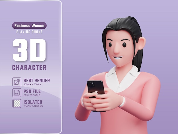 Mädchen im Pullover spielen mit einem Handy 3D-Render-Charakter-Illustration