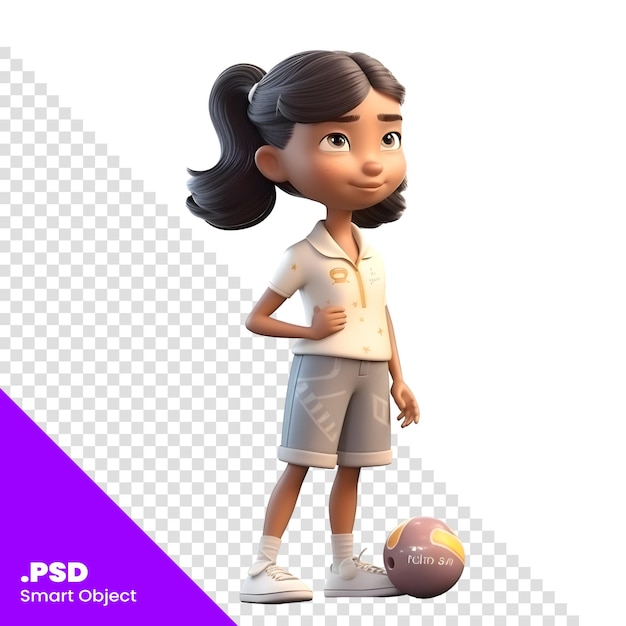PSD mädchen mit einem fußball auf weißem hintergrund. 3d-rendering-psd-vorlage