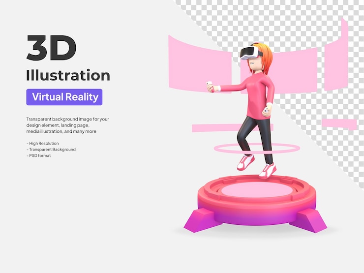 PSD mädchen mit virtual-reality-headset und spiel in metaverse-cartoon-illustration 3d-rendering