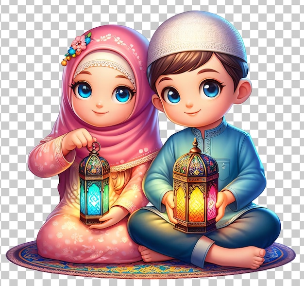 PSD mädchen und junge halten eine ramadan-lampe, die auf einem durchsichtigen hintergrund isoliert ist